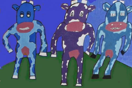 3 upright cows blue and purple and white colours on green with blue sky