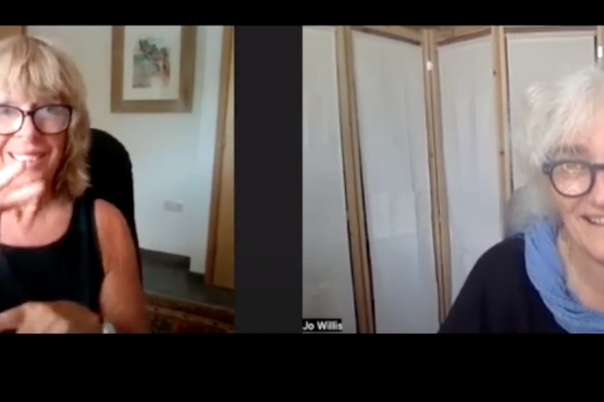 head shots of two women in zoom boxes