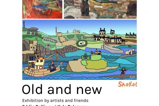 white background with brightly coloured art work of figures and coastal scene