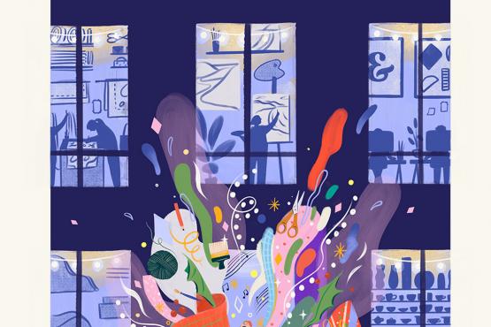 purple toned building with bright art images in front dvertising Open Studio event