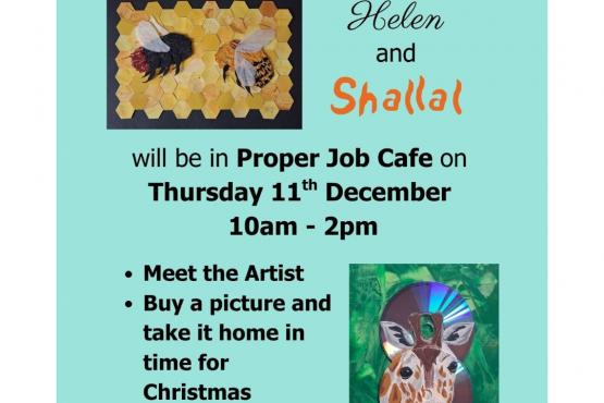 collage of bees and a giraffe head painted on a CD in pale green poster