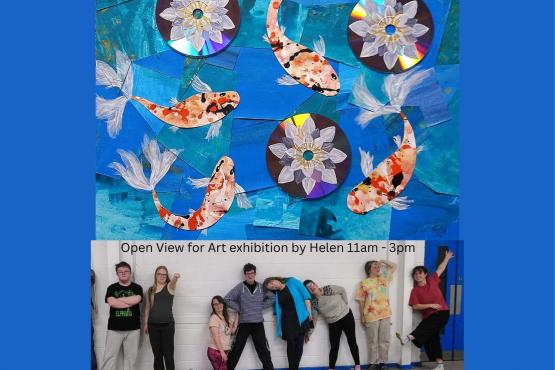 blue poster with fish art work and underneath photo of dancers