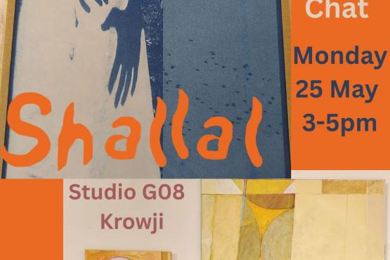 blue photo and yellow paintings with orange background invitation to cuppa and chat 