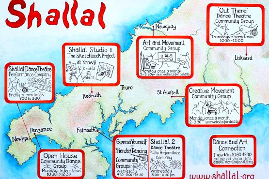 a map of Cornwall with boxes with small stick figures doing art or dance
