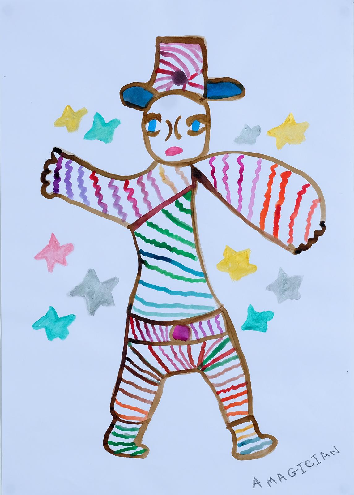 A magician stands in the middle, with arms raised, pastel-coloured stars coming out of his sides. His arms, legs and torso are stripey and he is wearing a hat.