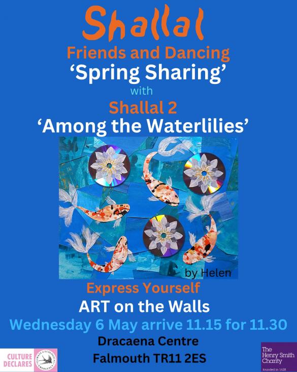 blue poster orange and white writing with  koi carp painting 