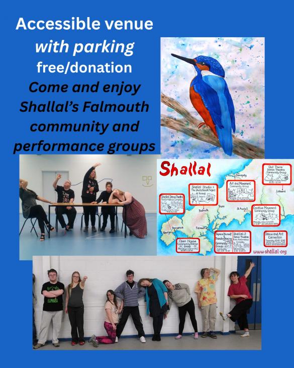 blue poster with kingfisher painting map of Cornwall and 2 photographs of dancers