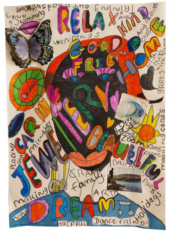 A colourful drawing and collage of a face with words and butterflies.