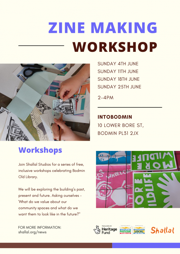 Poster for zine-making workshops at intoBodmin during June 2023