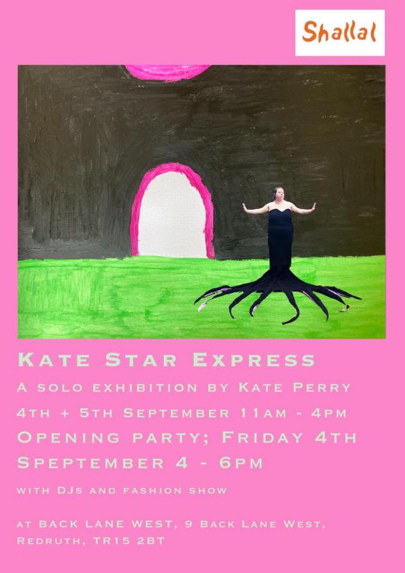 pink background with black with white arch and woman standing in black tendril dress with her arms wide