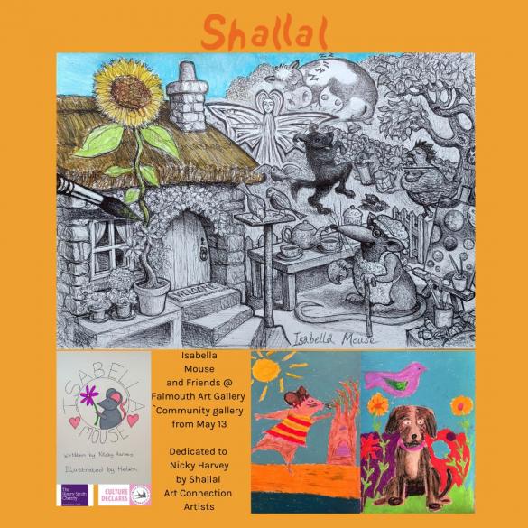 orange border with detailed drawing of mouse angel and cottage and 3 smaller images