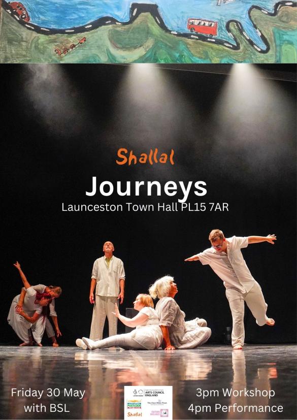 people in white on a stage,black background lights shining down and painting of a road above