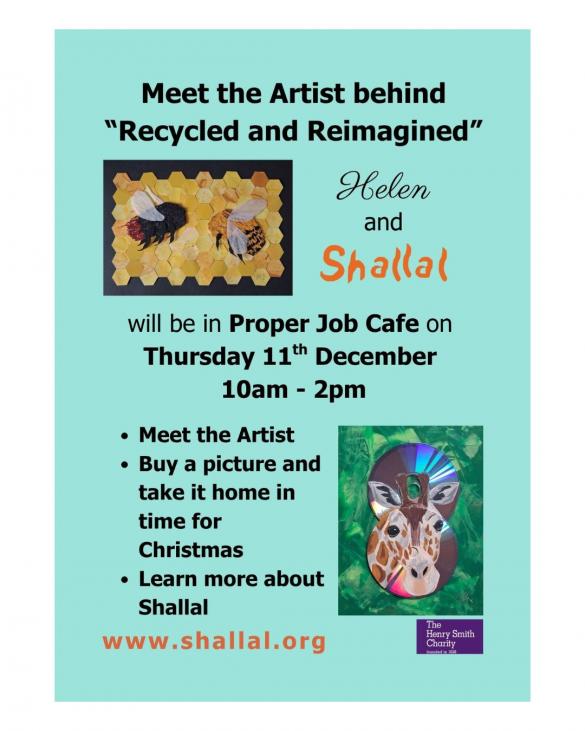 collage of bees and a giraffe head painted on a CD in pale green poster