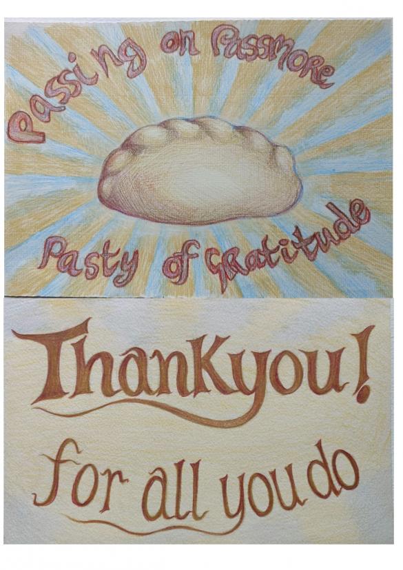 drawing of a pasty and thank you message