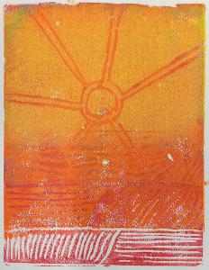 A four-colour print showing the sun rising over the sea. The sea is red and orange and the sun is yellow and its rays appear out of the orange background