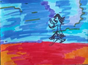 Picture of a woman walking on red earth against bright blue sky in felt pen.