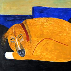 a painting of an orange dog on a black sofa with blue cushions