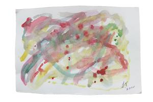 Abstract painting with soft painted lines in reddish and grey colours with soft red dots