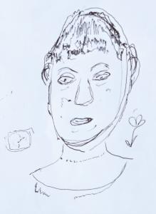 portrait in black pen of a woman with short hair and a flower on her right