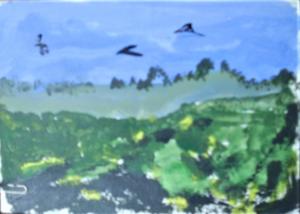 Landscape painting of a field with a hedge at the back and birds flying overhead