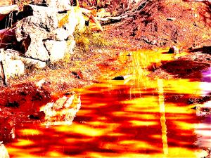 A photograph of a landscape which has been edited so the reds and yellows are really vivid and it looks abstract
