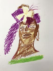 A drawing of a head with a purple scarf on their head
