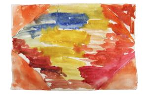 Abstract watercolour painting with orange triangles in the four corners of the paper and yellow, blue and red filling the centre