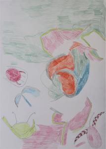 Drawing in coloured pencil of seaweed and sea creatures with pink and green background