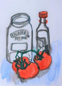 Still life painting with a kilner jar, a botle and three tomatoes at the front