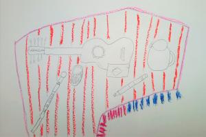 Line drawing with a guitar on a red striped cloth on a white background