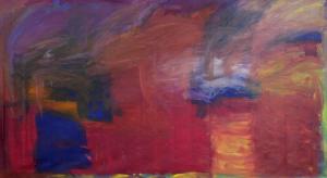 Large colourful abstract painting in blue, red, yellow, purple and black 