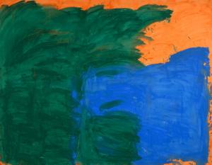 abstract painting by Janet Holland in green, orange and blue