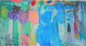 Abstract painting mainly in blues and greens with large lollipop shapes