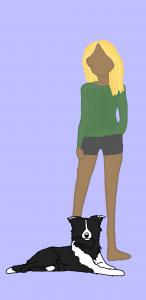 Digital painting of a girl with blond hair, a green top and grey shorts. She is standing and a dog is lying at her feet. The background is lilac.