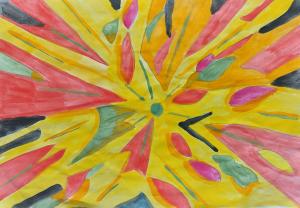 Abstract painting with coloured shapes bursting out from the centre mostly in yellows