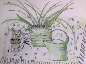Still life drawing of a plant a teapot and a cactus drawn in black with a green wash