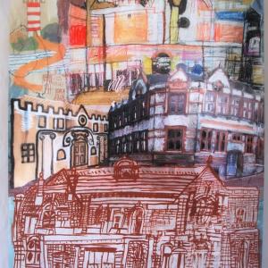Banner showing colourful drawings of buildings by different artists in a collage