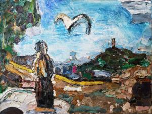 A painting of a figure standing in a landscape with a seagull flying in the blue sky above. In the distance you can see a hill with a tall monument on it