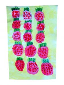 A drawing of pink raspberry pattern on a yellow background 