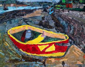 A painting of a red and yellow boat