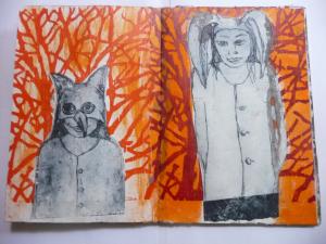 Drawing in a sketchbook of a girl in a foxes mask against orange trees