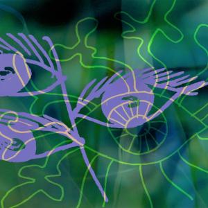 Still image from an animation. Purple branches seeming to have eyes instead of leaves overlap an eye with horns in washed out yellow and green. They seem to disappear and reappear under water.