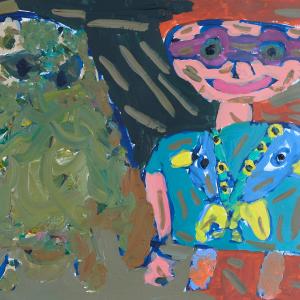 Painting in thick acrylic paint showing a dog on the left and a person on the right. The person is smiling and wearing a blue top and purple glasses. The dog is painting in swirls of khaki, blue and green paint all mixed together. The background is black and salmon pink.