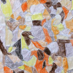 An abstract drawing of small shapes in orange, yellow, brown and grey