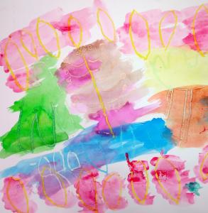 Abstract painting with leaf shapes in crayon showing through painted pastel coloured blocks of colour