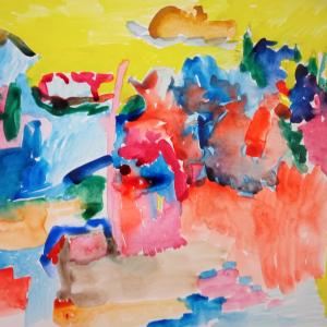 Abstract painting in watercolours showing hot yellows and pinks and cool blues suggesting shade and the sea.