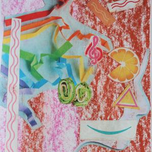 Collage on red crayon background with coloured ribbons of paper and abstract shapes making a face profile shape