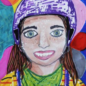 A drawing in felt tips of a figure wearing colourful clothes and a purple helmet. The figure is in front of multicoloured shapes. 