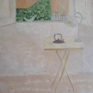 painting of a table with a light and kettle on it with an open window behind with a white dove sitting on the window sill