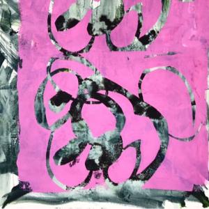 A pink screen of abstract curving shapes over a black and white ink drawing